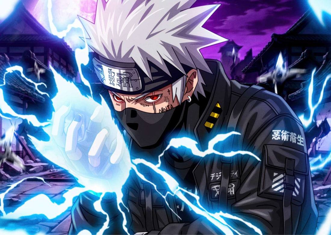 Animated character with white spiky hair and black mask, surrounded by blue energy effects.