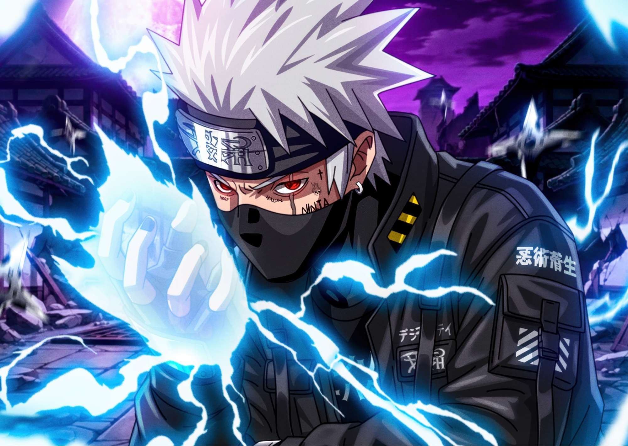 Animated character with white spiky hair and black mask, surrounded by blue energy effects.