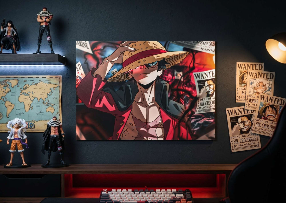 One Piece Animated character with a large hat in a colorful, chaotic setting