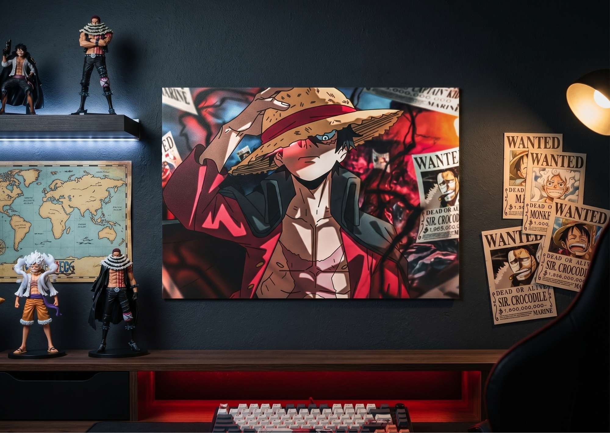 One Piece Wall art of a character with a large hat in a room with figurines and posters.