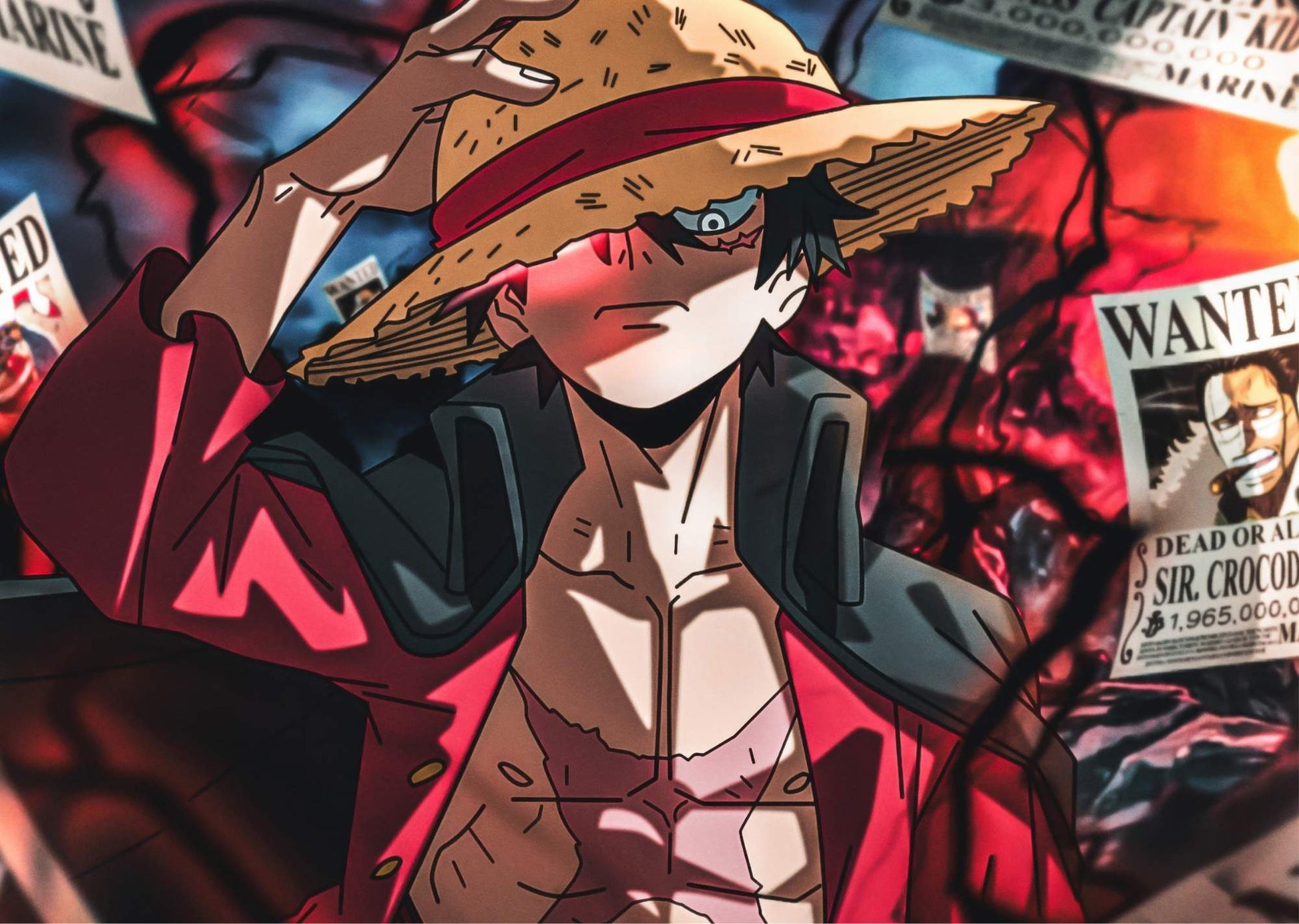 One Piece Animated character with a large hat in a colorful, chaotic setting