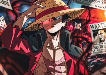 One Piece Animated character with a large hat in a colorful, chaotic setting