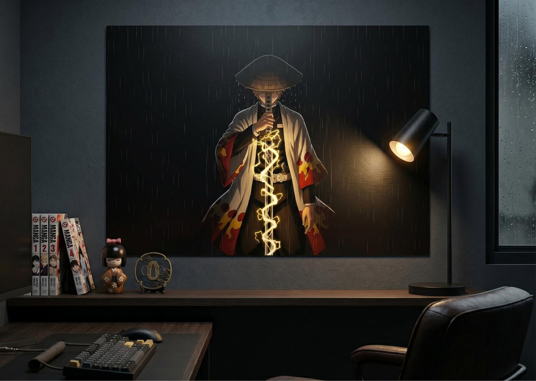 Demon Slayer Character in traditional attire with glowing energy in a dark rain scene