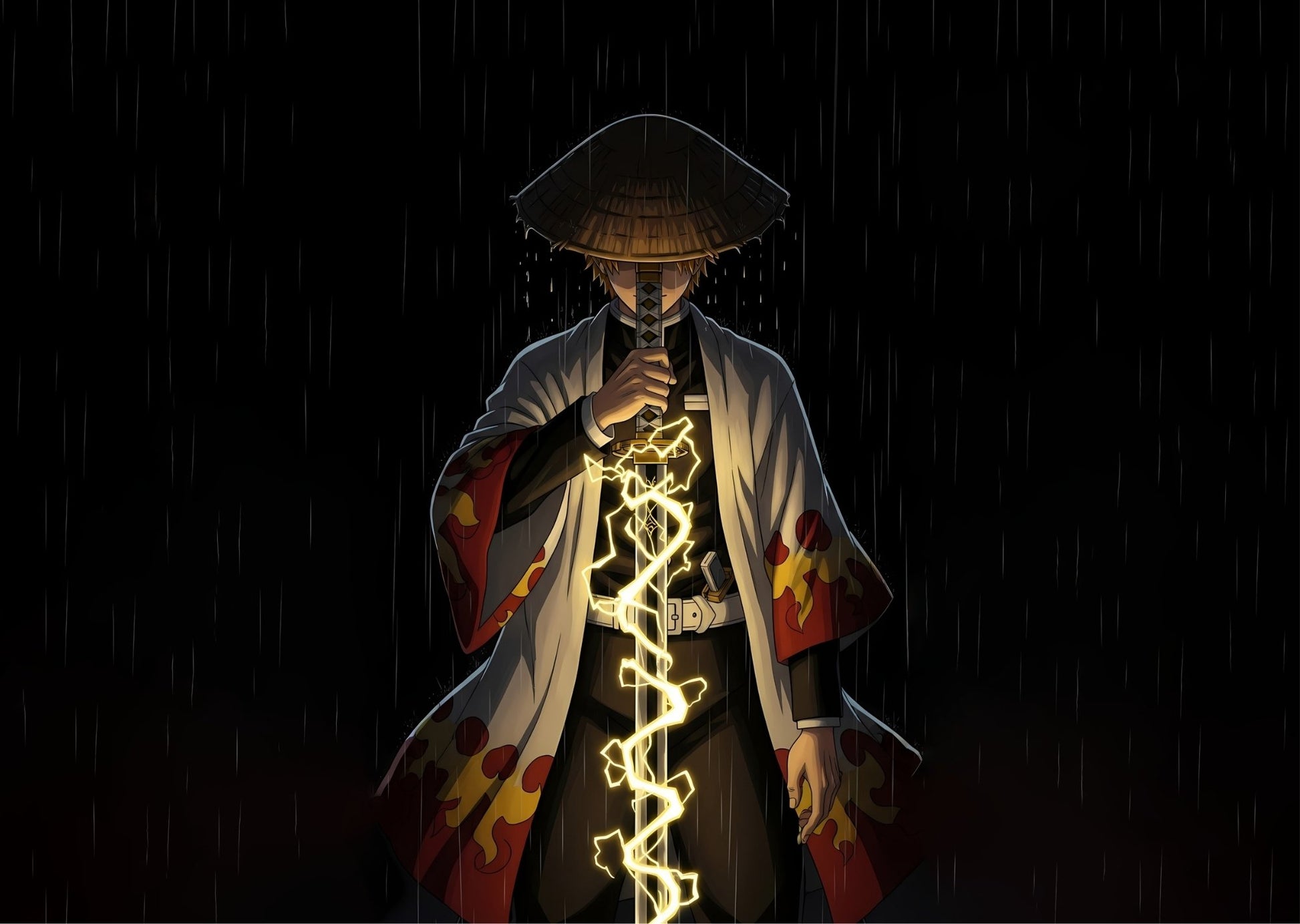 Demon Slayer Character in traditional attire with glowing energy in a dark rain scene