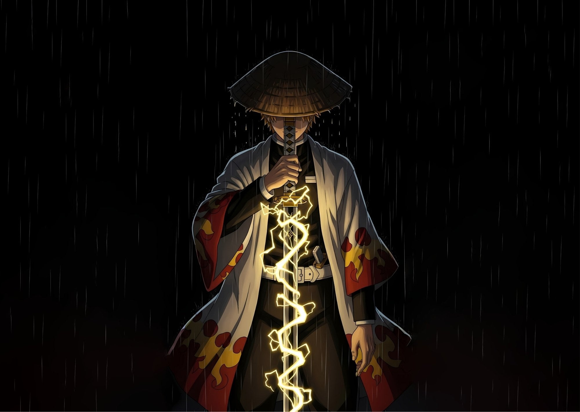 Demon Slayer Character in traditional attire with glowing energy in a dark rain scene